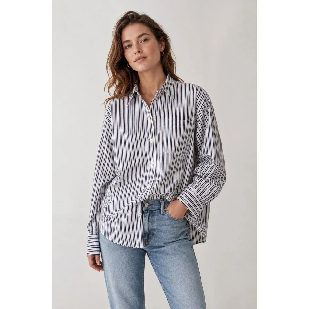 J. Crew Women's Etienne Oversized Shirt White Blue Stripe 100% Cotton Poplin L